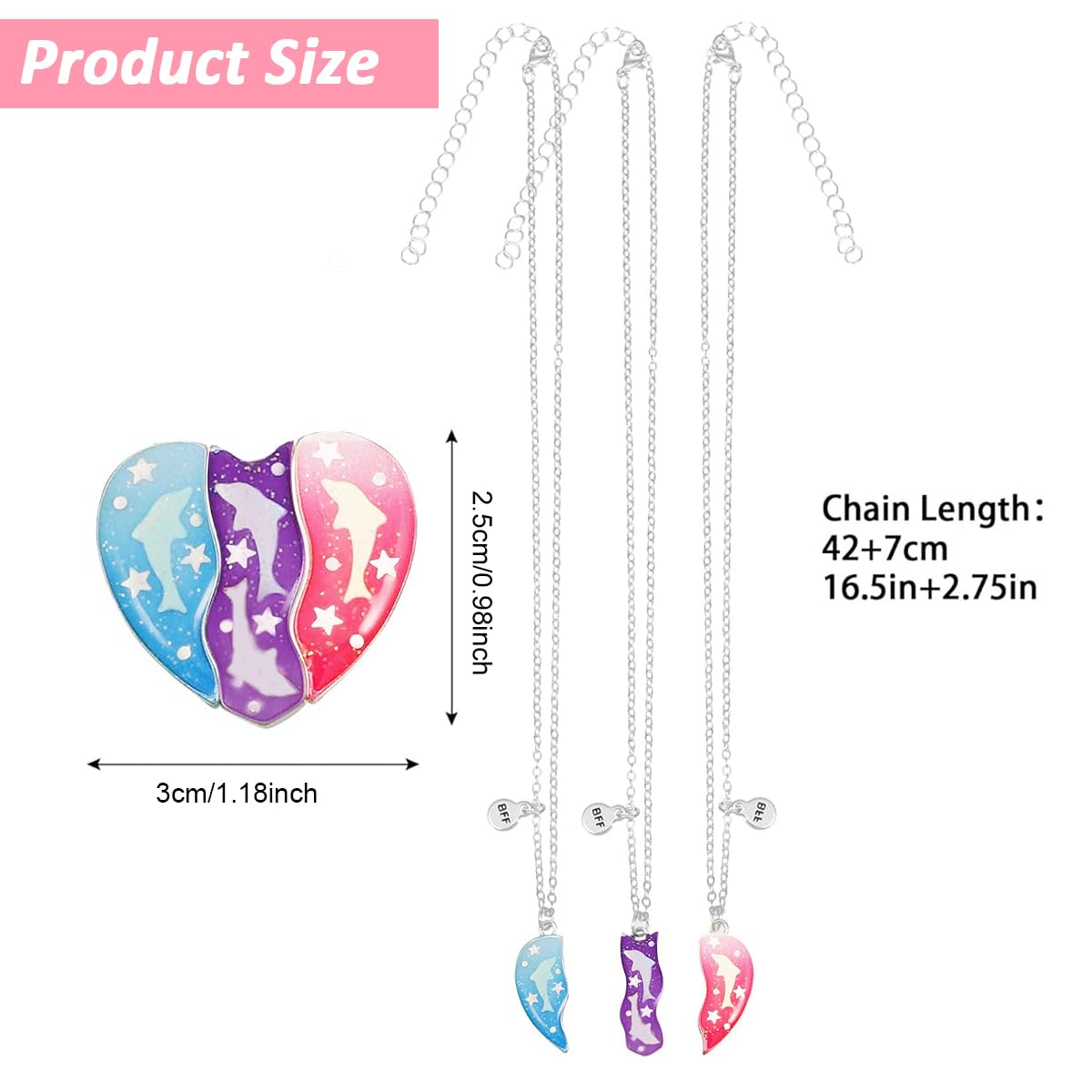 ZIBUYU Friendship Necklace Set of 3Pcs Colorful Dolphins Enamel Cute Heart Charm BFF Necklace Metal Necklace for Girls Siblings Friendship Necklaces Birthday Gift for Kids Girls