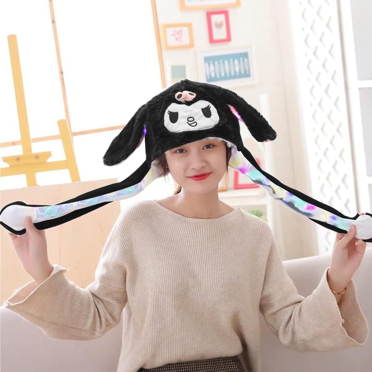 PATPAT® Kawaii Winter Hat for Girls Sanrio Cartoon Kuromi Plush Winter Hat Plush Fun Moving Ear Kuromi Hat Christmas Gift for Girls