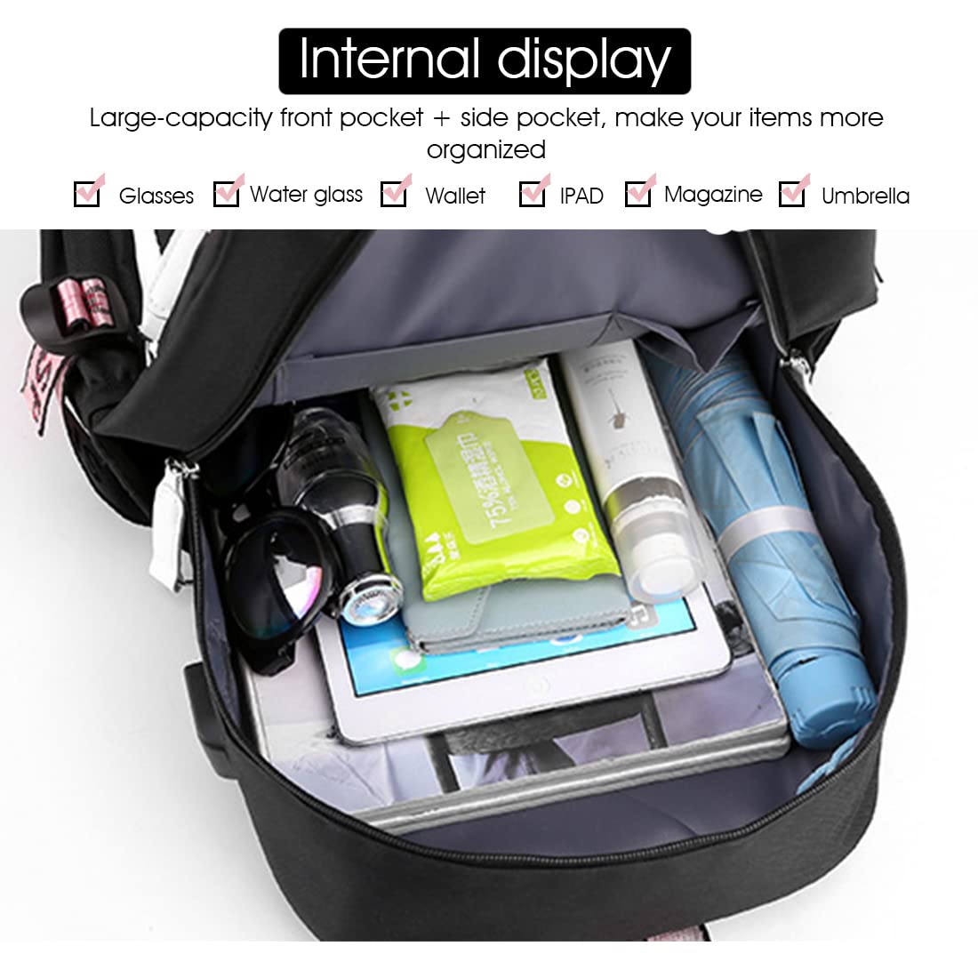 PALAY BTS Backpack for School and Travel with USB Charging Port 32×15×45cm Black for Kids