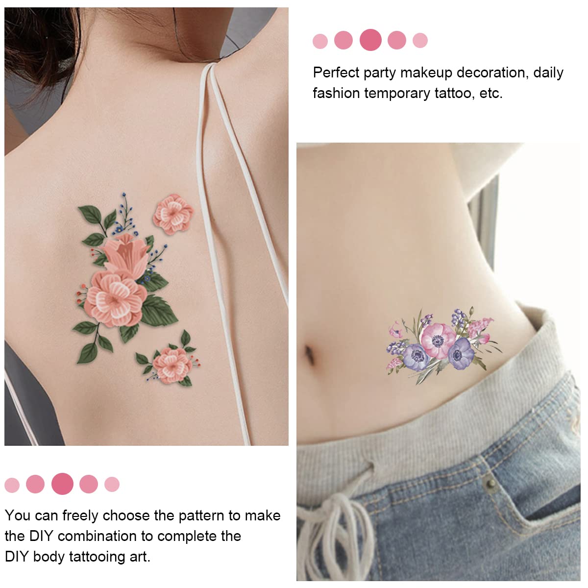 HASTHIP 12 Sheets Waterproof Color Flowers Temporary Assorted Roses Tatto Stickers for Body Tattoos Art