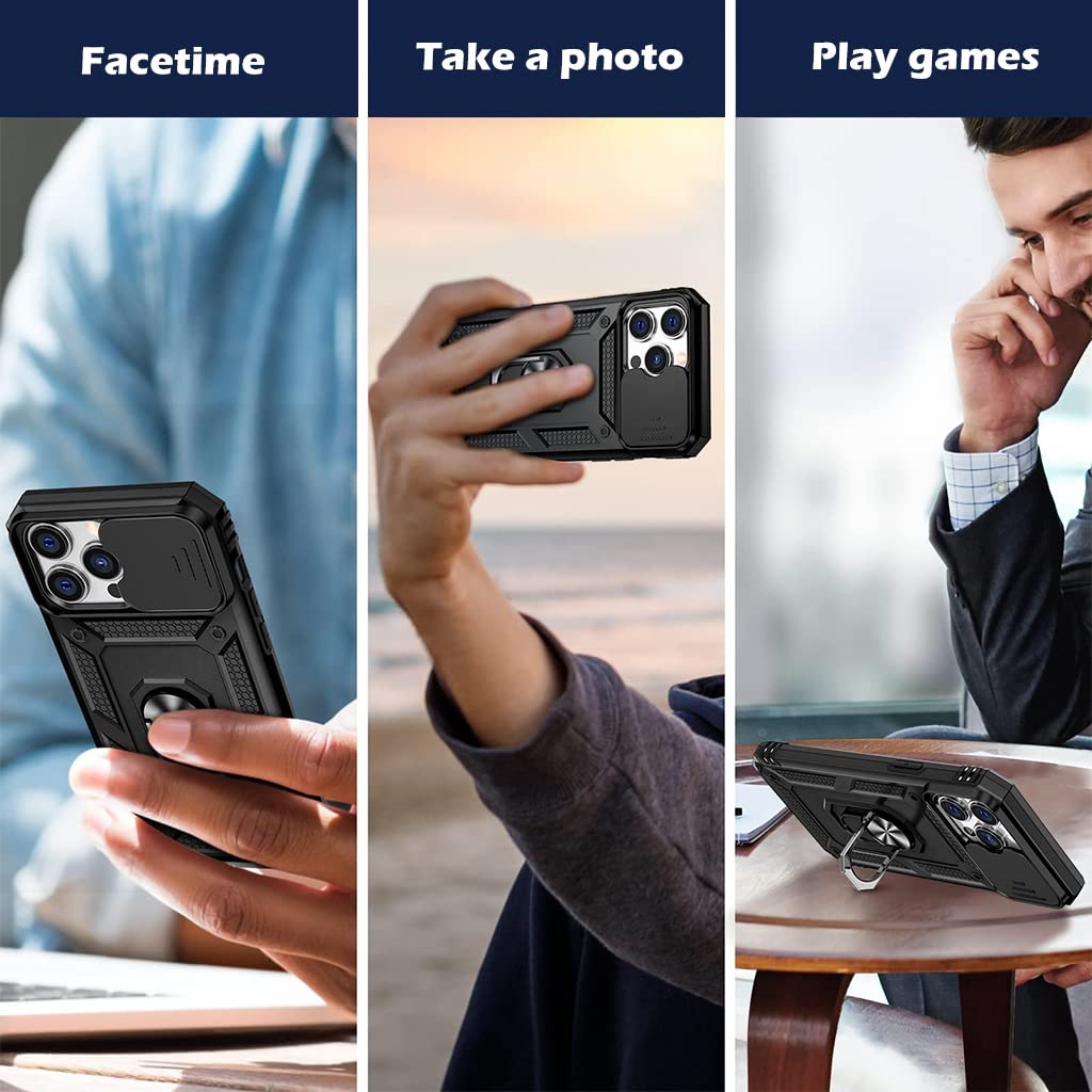 ZORBES Phone Case for iPhone 13 with Sliding Camera Cover and Ring Kickstand | TPU Shockproof Protection