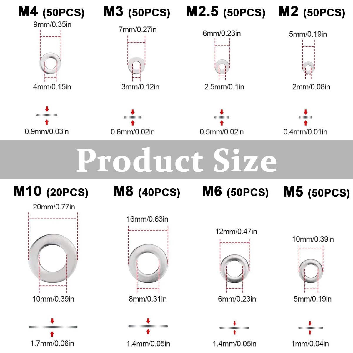 Serplex® 360Pcs 304 Stainless Steel Flat Washers for Screws Bolts, Fender Washers Assortment Set, Assorted Hardware Lock Metal Washers Kit 9 Sizes-M2 M2.5 M3 M4 M5 M6 M8 M10 for Home, Factories Repair