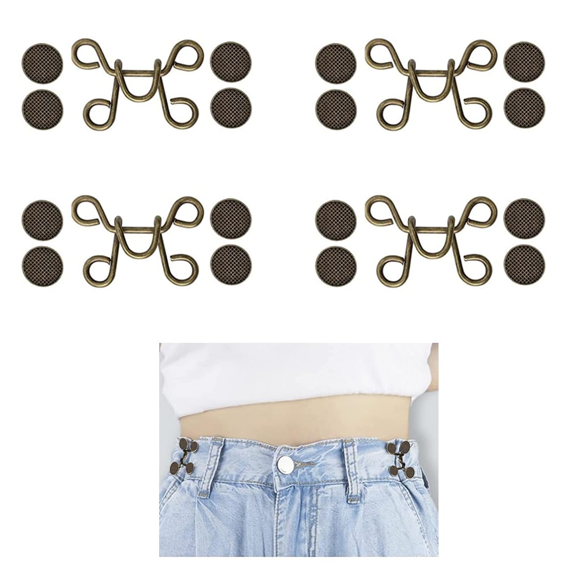 SANNIDHI 4Pcs Adjustable Waist Buckle Extender, Instant Jean Waist Tightener, Detachable Jean Pant Button, Metal Waist Buttons for Loose Pants (No Sewing)