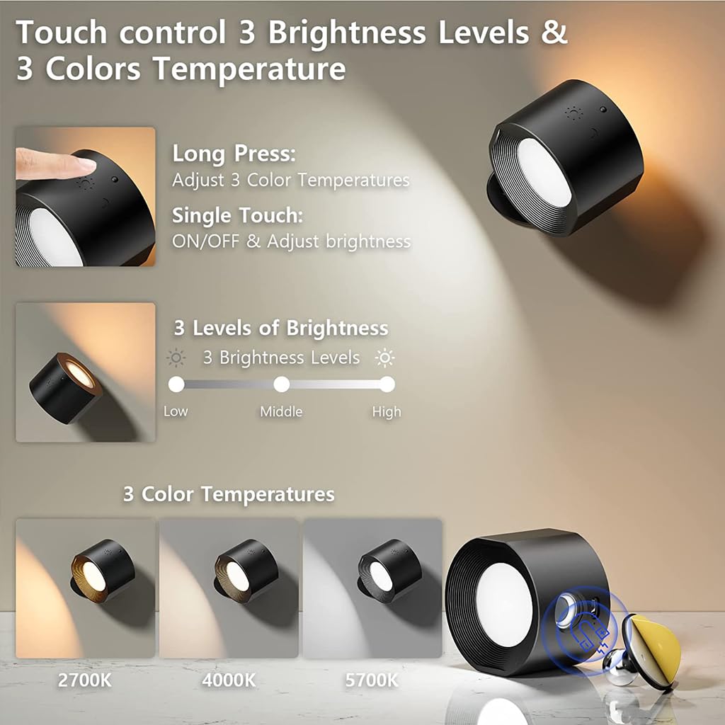 ELEPHANTBOAT USB LED Wall Light for Bedroom with 360° Rotatable Magnet Design | 3 Brightness Touch Control