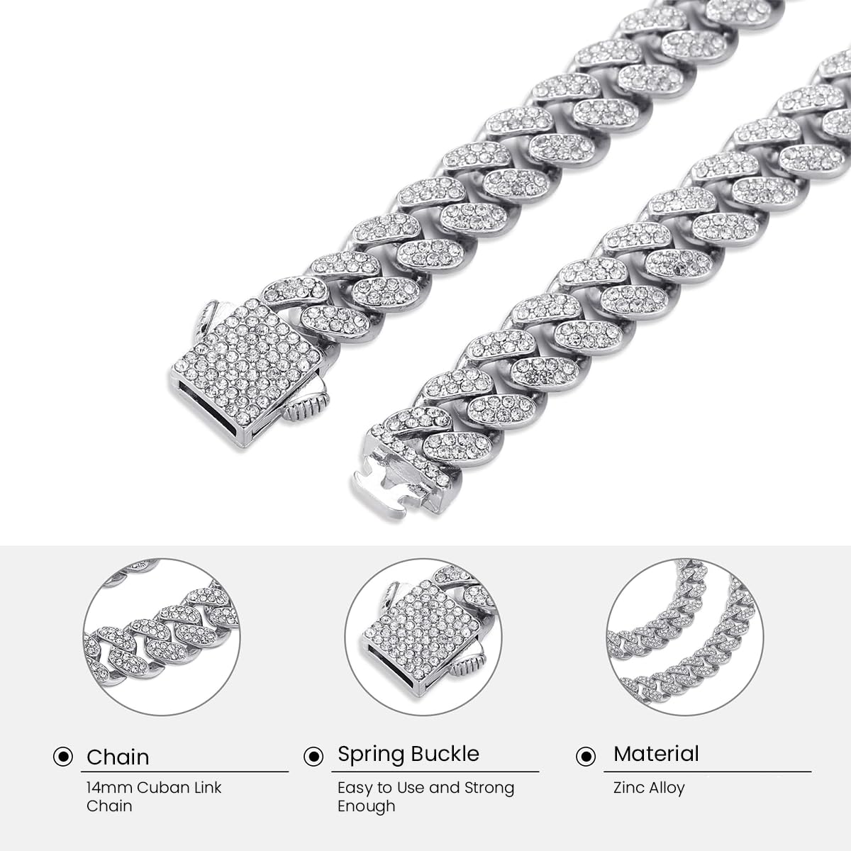 Venzina Cuban Chain Necklace for Men and Women 20in featuring Rhinestone Links | Silver