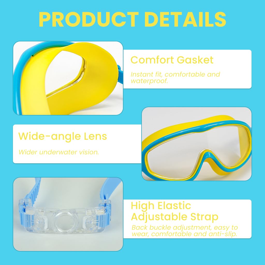 Zibuyu Swimming Goggles for Kids 6-14 with Anti-Fog UV Protection and 3D Silicone Frame | Wide View Blue Yellow