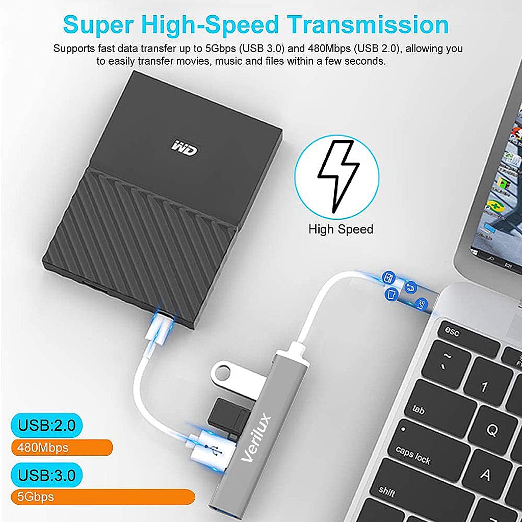 Verilux® USB Hub 3.0 for PC 4 in 1 with DC 5V2A and 4 USB High Speed 3.0 Multi USB Port for Laptop 5Gbs Transfer Speed USB Extender Multiple USB Connector for Dell, Samsung Galaxy, Surface Pro