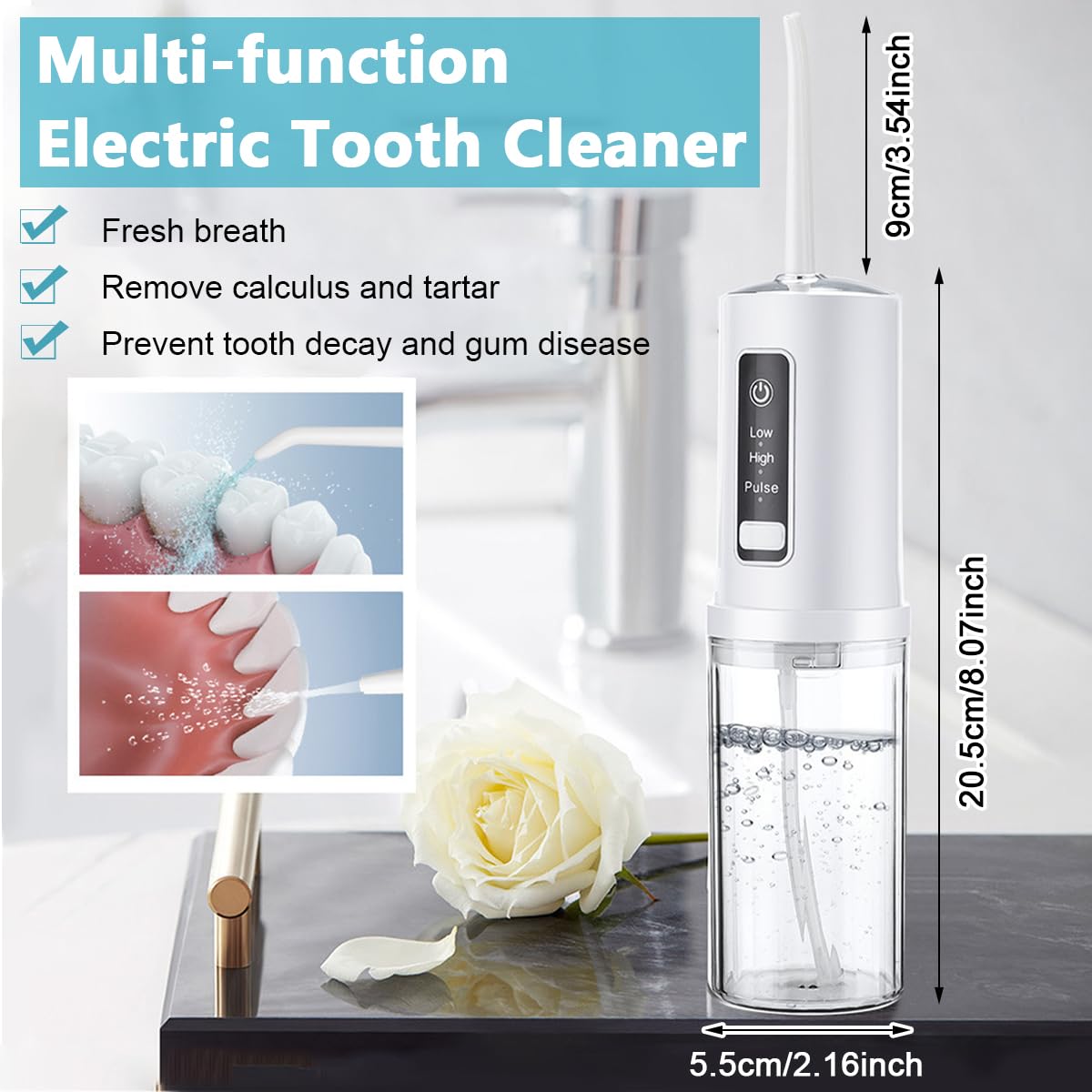 HANNEA® Water Dental flosser for Teeth Cleaning, Mini Portable Rechargeable Dental Oral Flossing Irrigator with 230ML Water Tank for Braces, 4 Jet Tips, 3 Modes & IPX7 Waterproof, for Travel & Home