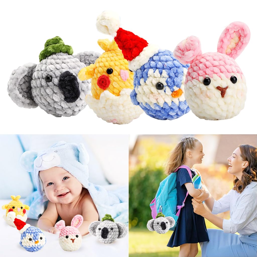 HASTHIP® 4Pcs DIY Crochet Kit Set Cartoon Chenille Animals Crochet Stuffed Animal Kit Stuffed Toy Desk Decor Keychain Pendent Starter Crochet Cute DIY Cartoon Crocheting Kit DIY Gift for Kids, Adults