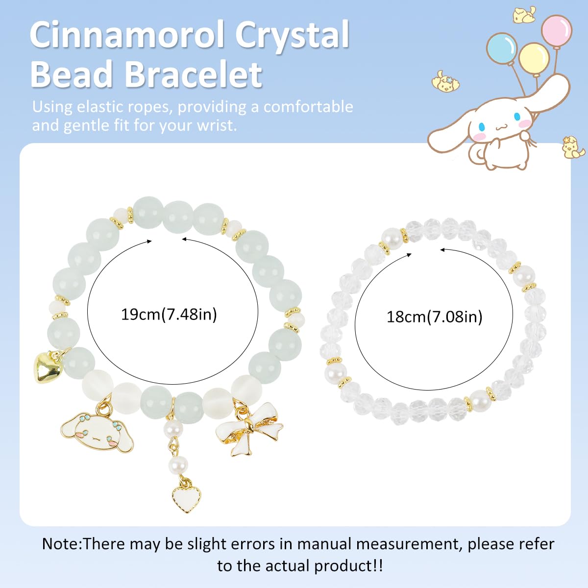 SANNIDHI Crystal Bead Bracelet Set for Women with Elastic Fit and Cinnamoroll Charms | 2Pcs Gift Jewelry