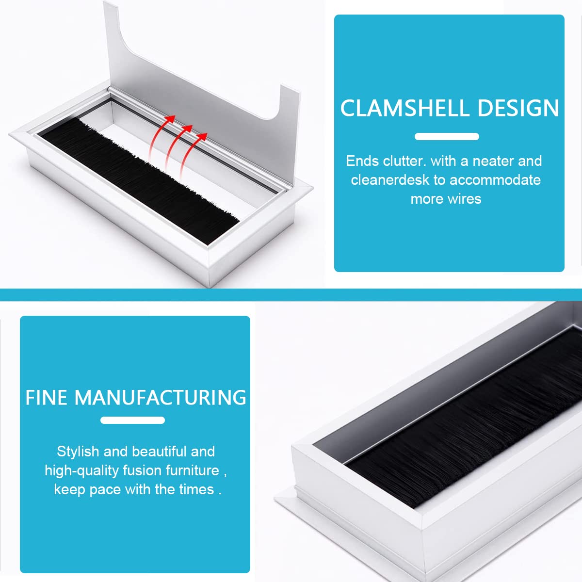 HASTHIP Rectangular Wire Cable Hole Cover for Office Desk with Flip Lid and Brush 160x80mm Aluminum Silver