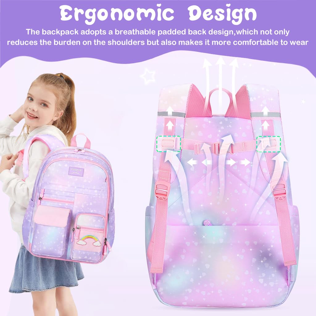 PALAY School Backpack for Girls with 32x28x45cm Large Capacity and Ergonomic Straps | Pink Set for Kids 6-12 Years