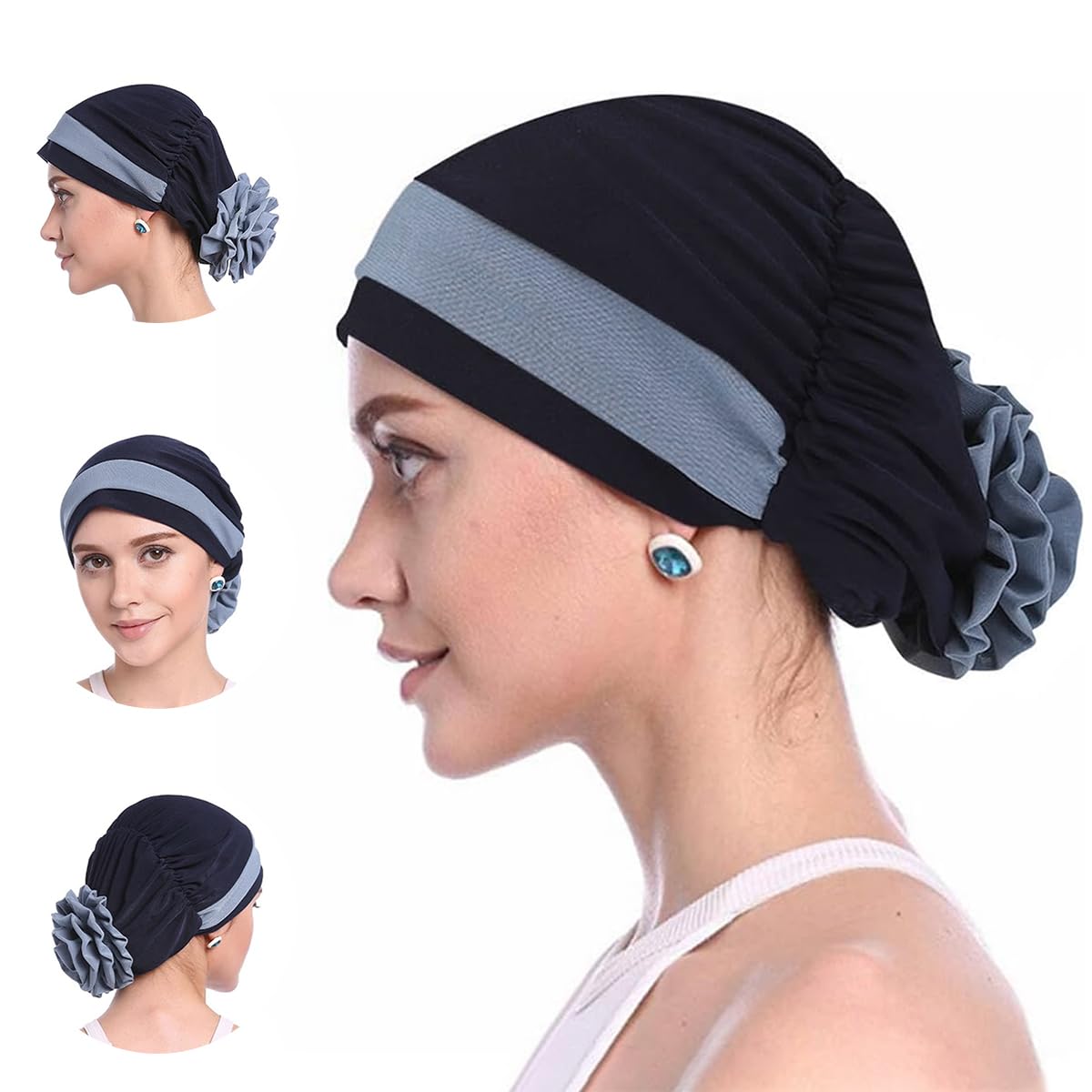 SANNIDHI Chemo Caps for Women with Elastic Fit 22–23 in featuring Floral Detail | Navy Blue Turban