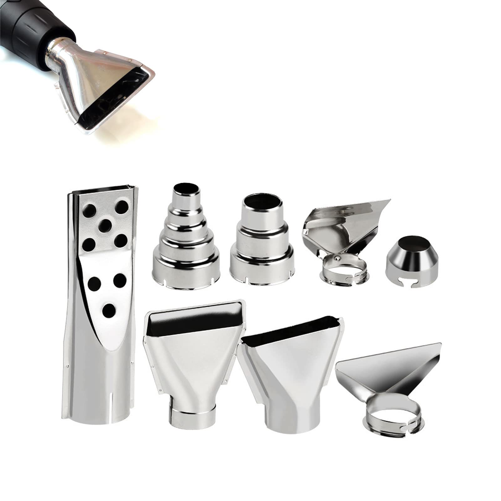 Serplex® 8Pcs Hot Wind Gun Nozzles, Stainless Steel, Assorted Sized Reducer Nozzles, Flat Heat Gun Nozzles, Round Nozzle, Reflector Nozzle for Soldering, Shrinking, Stripping, and Welding Applications