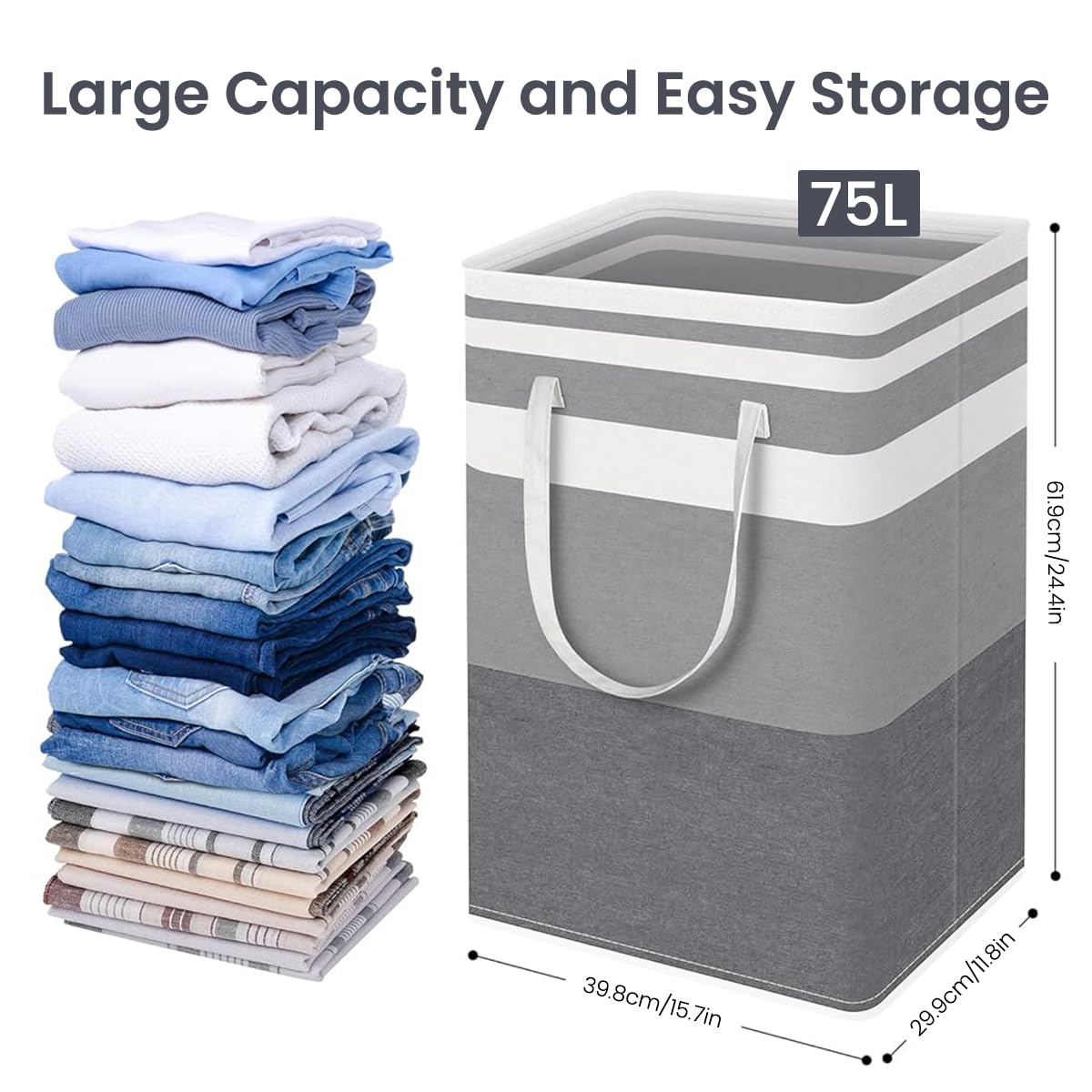 HASTHIP Laundry Hamper for Clothes with Freestanding Foldable Design 75L | Cotton Linen Baskets