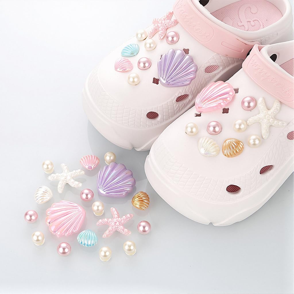 MAYCREATE Seashell Shoe Charm Set for Clogs with 17 Pieces featuring Glossing Resin Design