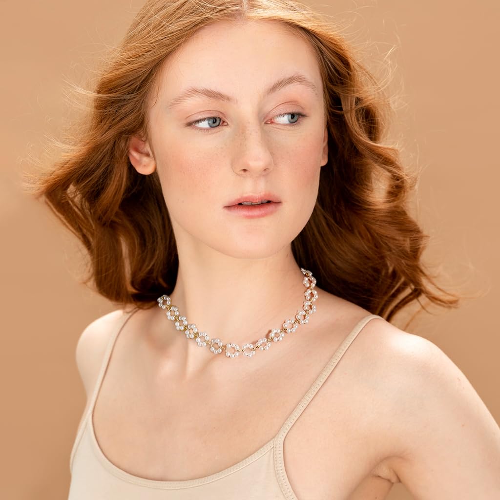 ZIBUYU Pearl Necklace for Women Girls Stylish Golden Choker Necklace for Women Floral Chain Pendant Necklace with Adjustable Chain Western Necklace Jewellery Birthday Gift for Women, Girls, Wife