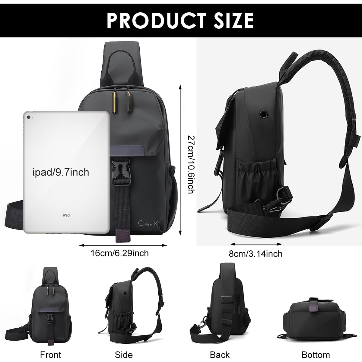 PROBEROS Men's Chest Bag for Business and Travel with USB Charging Port 16×8×27cm | Black Waterproof Crossbody