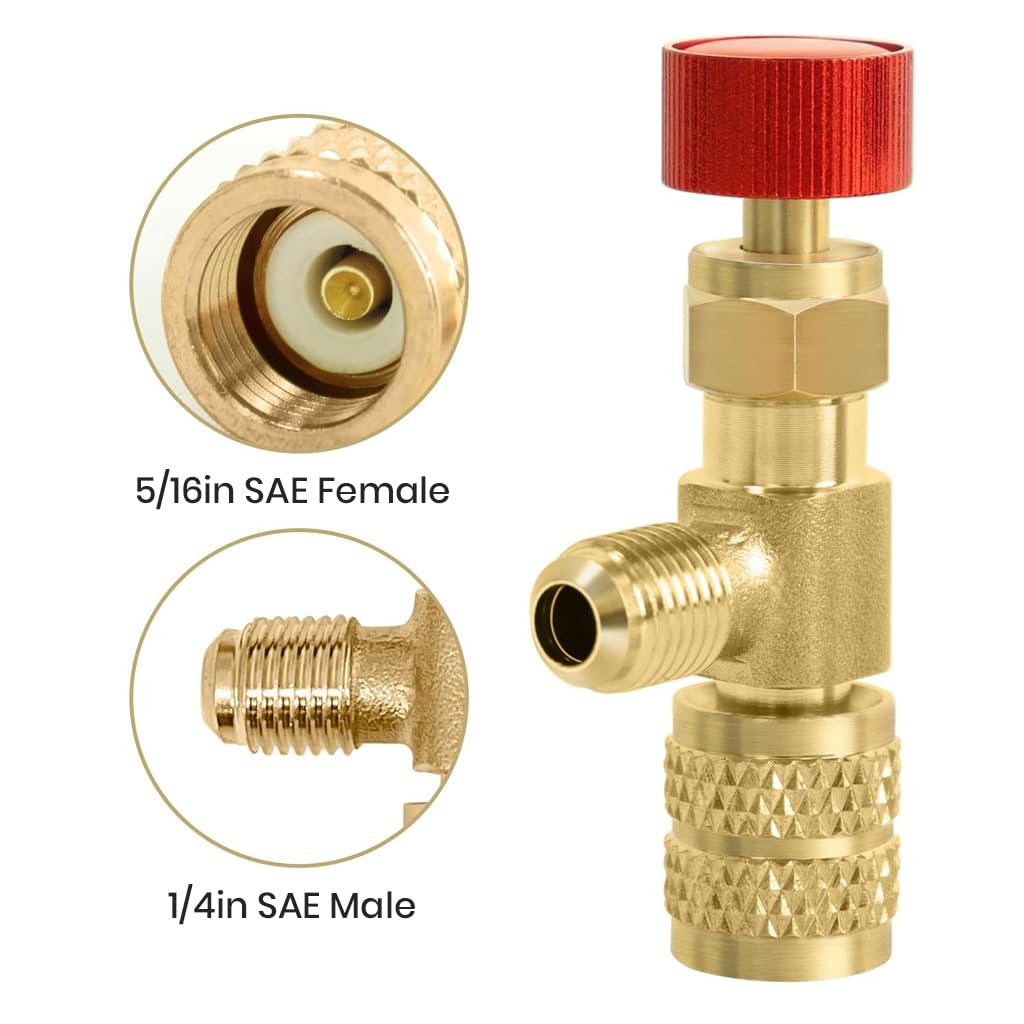 HASTHIP Refrigerant Valve for Air Conditioner R22 R410A 1/4 SAE to 5/16 SAE Brass Adapter with Easy Twist Knob Control