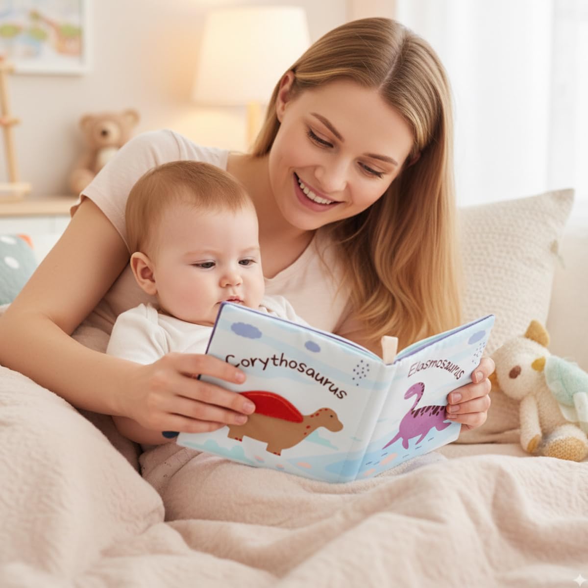 SNOWIE SOFT 3D Dinosaur Cloth Book for Babies 0 to 3 Years with Crinkle Sounds & Mirror | Washable Sensory Toy