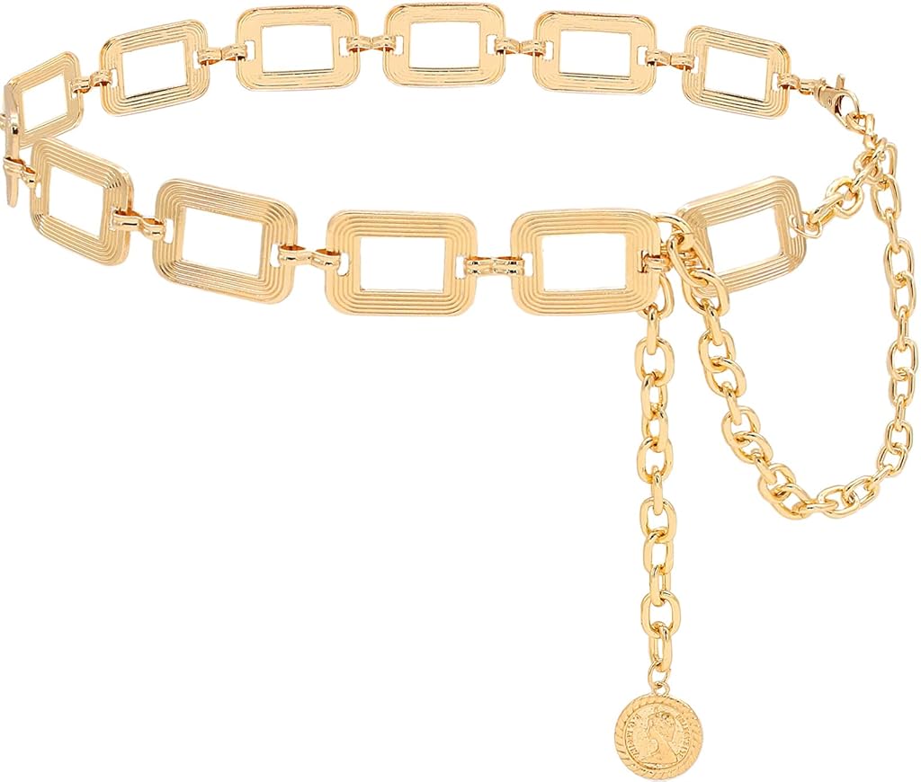 SANNIDHI® Chic Waist Belt for Women Bold Golden Geometric Loop Chain Waist Belt Adjustable Chic Waist Belt with Extension Chain Fashion Punk Belt Hip Chain Belt for Jeans, Shirt, Blazer