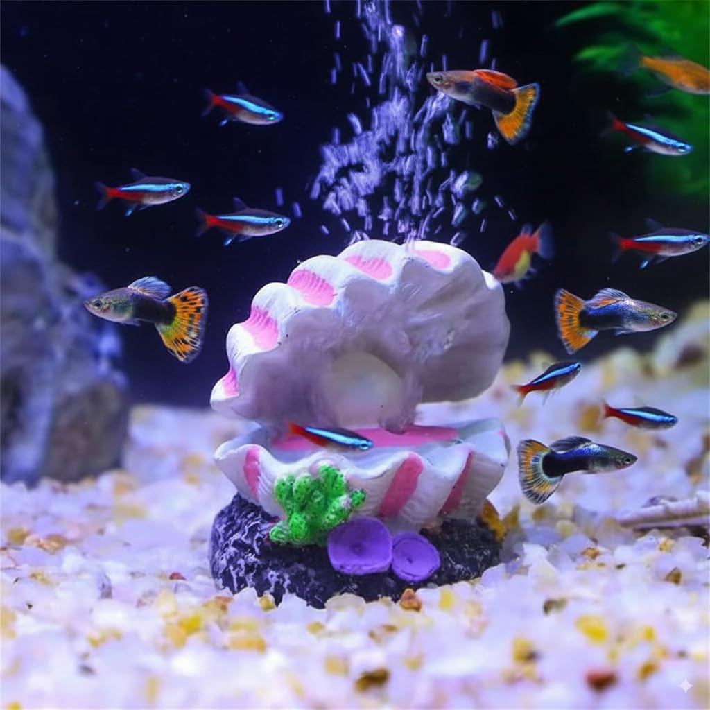 Qpets Aquarium Ornament for Fish Tank with Bubble Stone Function 5x4.6x5.5cm Resin Decor | Dreamy Seashell Pearl Design