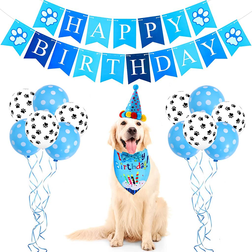 ZIBUYU Dog Birthday Supplies for Pets with 10 Balloons and 5 m Ribbon | Blue Theme Set