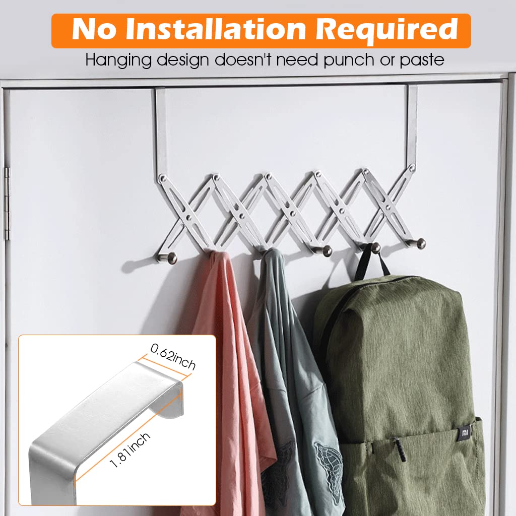 ZIBUYU Door Hook Hanger for Clothes with 6 Hooks Adjustable 12–62cm Width Stainless Steel | Nail Free Foldable Over Door Organizer
