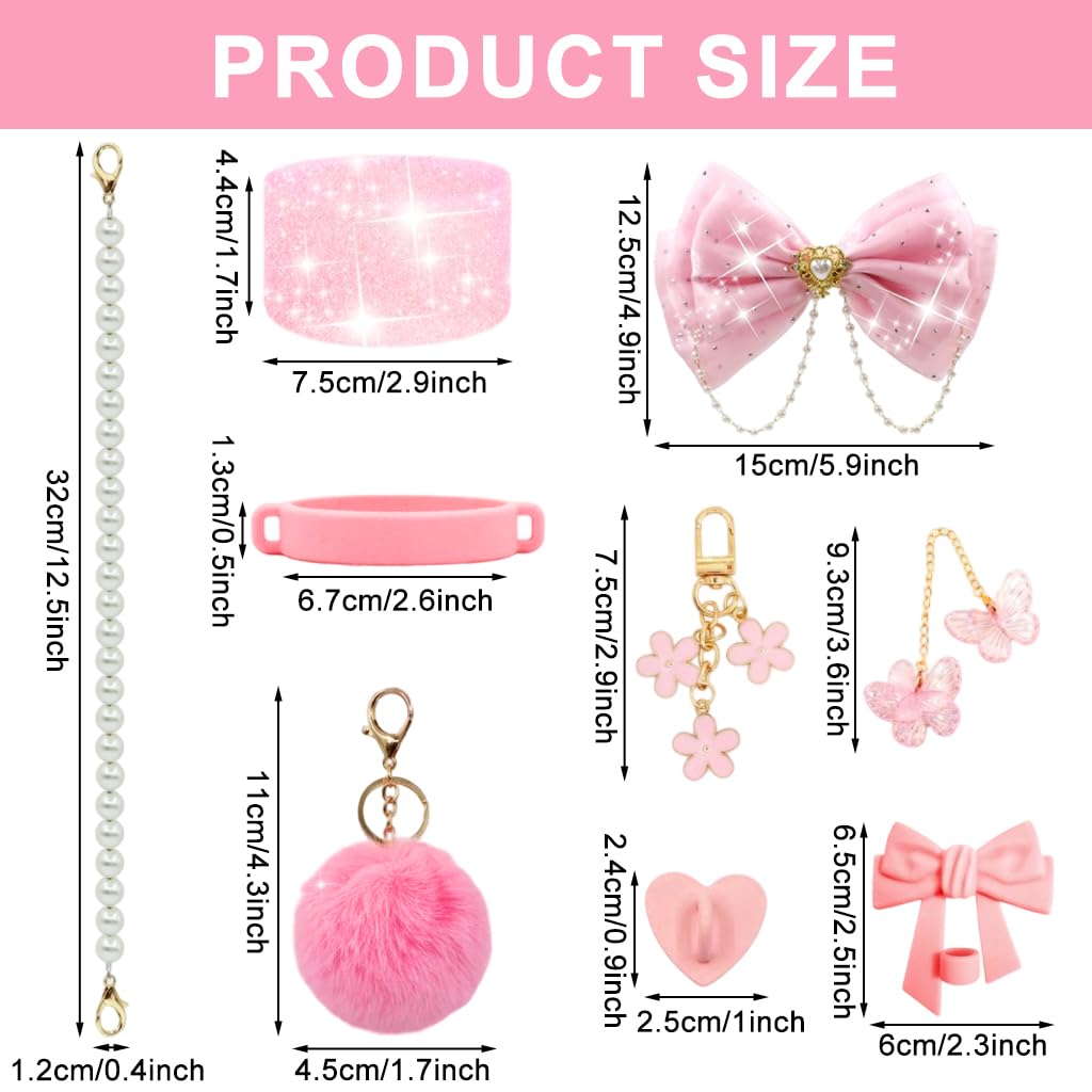 HASTHIP Stanley Cup Accessories for Women featuring 9Pcs Pink Bow and Beaded Lanyard Set