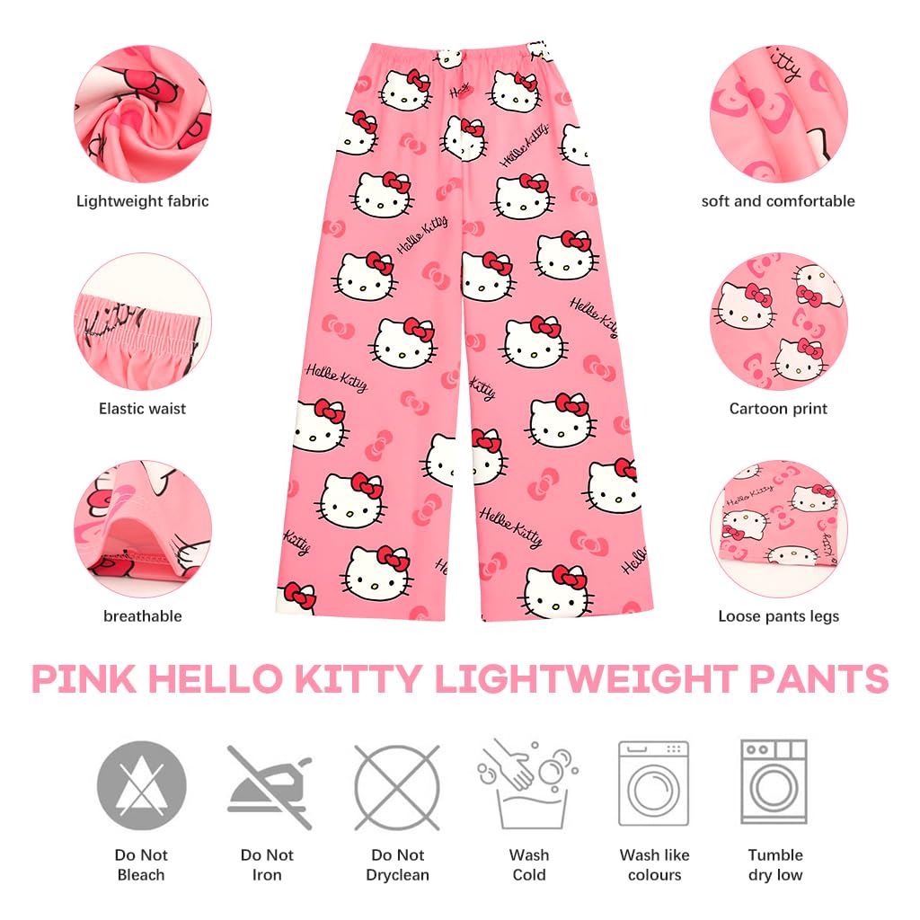 SANNIDHI Pyjama Pants for Women featuring Cartoon Kawaii Kitty Print with Elastic Waistband | Ultra Soft Cotton Lounge Sleepwear 3PCS Pink