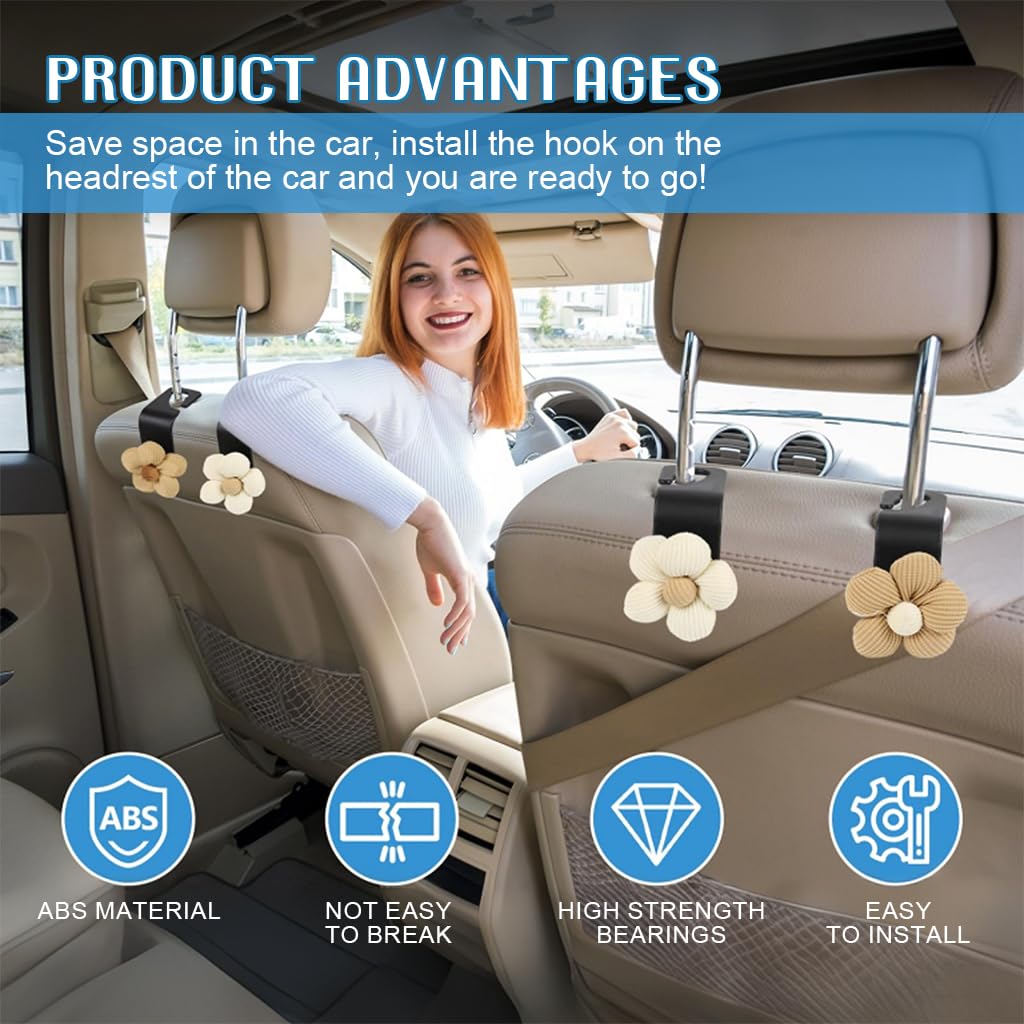 STHIRA Car Seat Hook 4 Pcs for Backseat Organization with Snap-On Design & ABS Material | Stylish Flower Charm Accessory