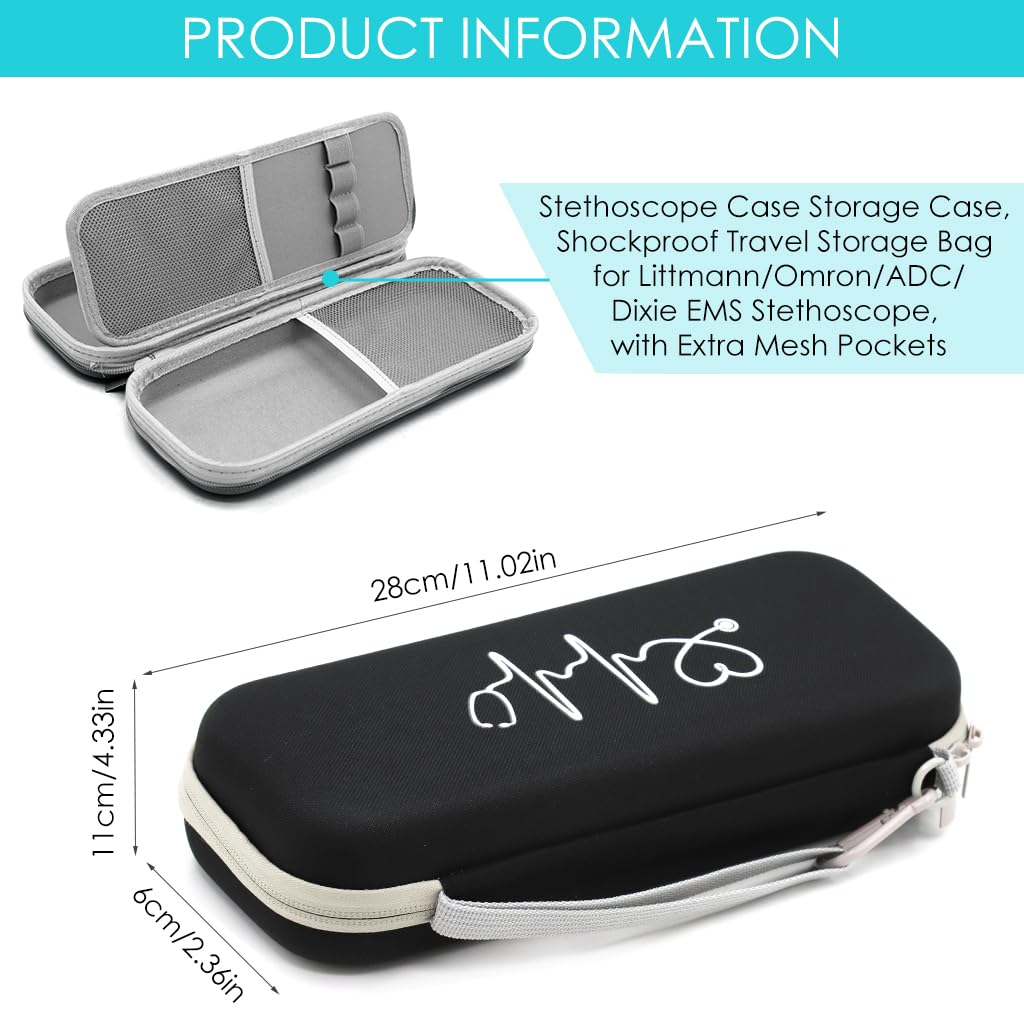 ZORBES Stethoscope Case for 3M Littmann and ADC with Mesh Compartments and EVA Shell | 11.2×4.7×2.2 in Black
