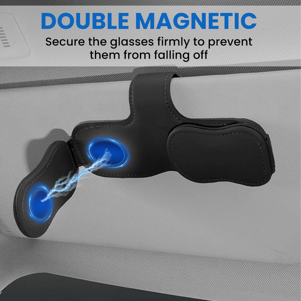 ZIBUYU Sunglass Holder for Car Visor with Dual Magnetic Clip Design and PU Leather Finish | Space-Saving Organizer