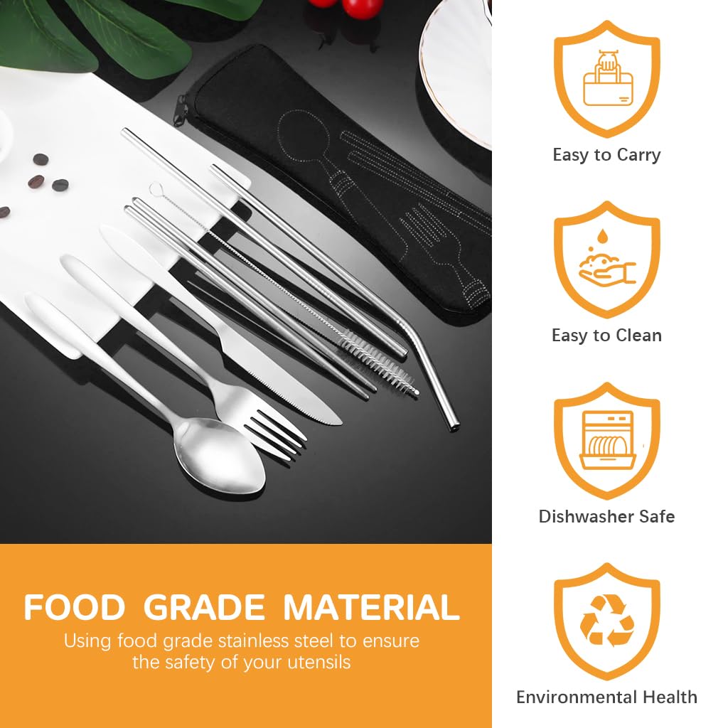 HASTHIP Flatware Set for Travel and Daily Dining with Storage Bag | 7Pcs 304 Stainless Steel Cutlery Featuring Chopsticks and Straw Brush