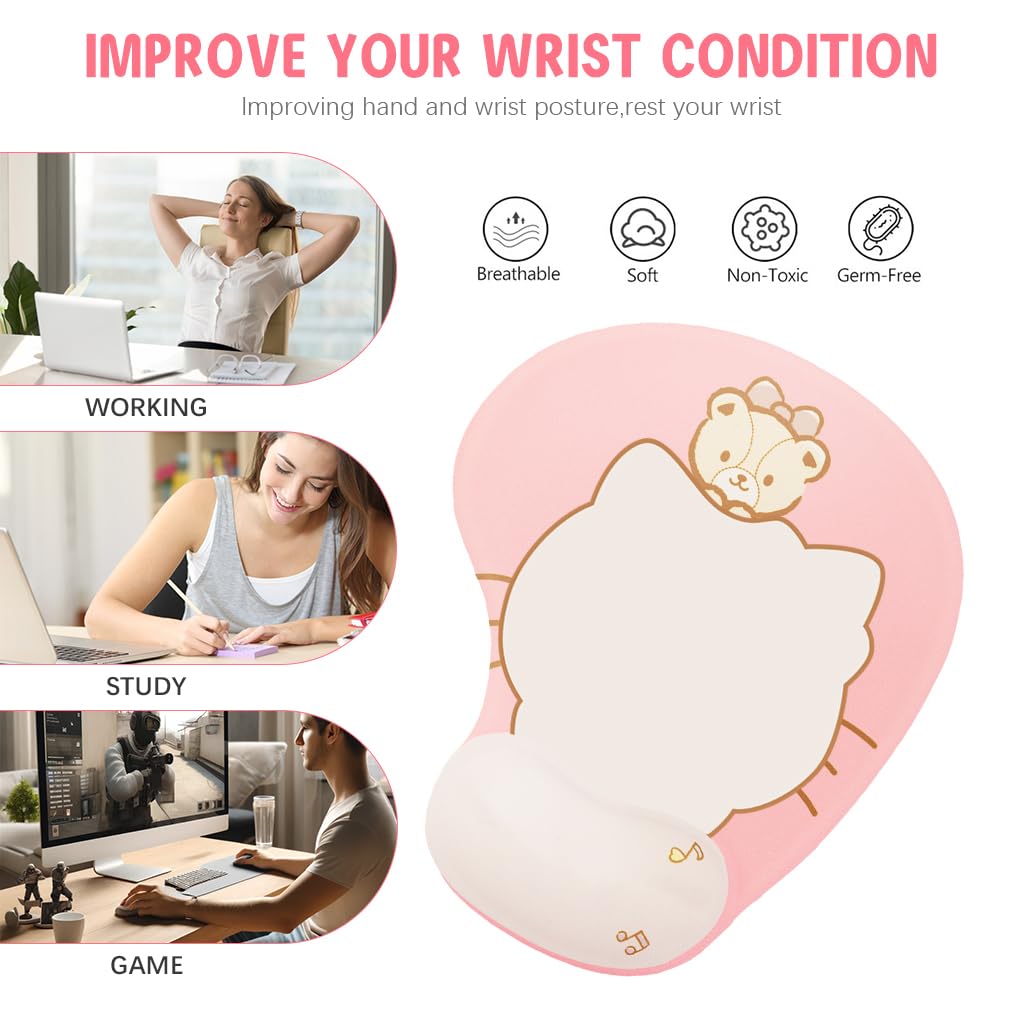 Fancyku Mouse Pad with Wrist Rest for Office and Gaming featuring Non Slip Silicone Base | Cute Cartoon Kitty Design with Smooth Lycra Cover