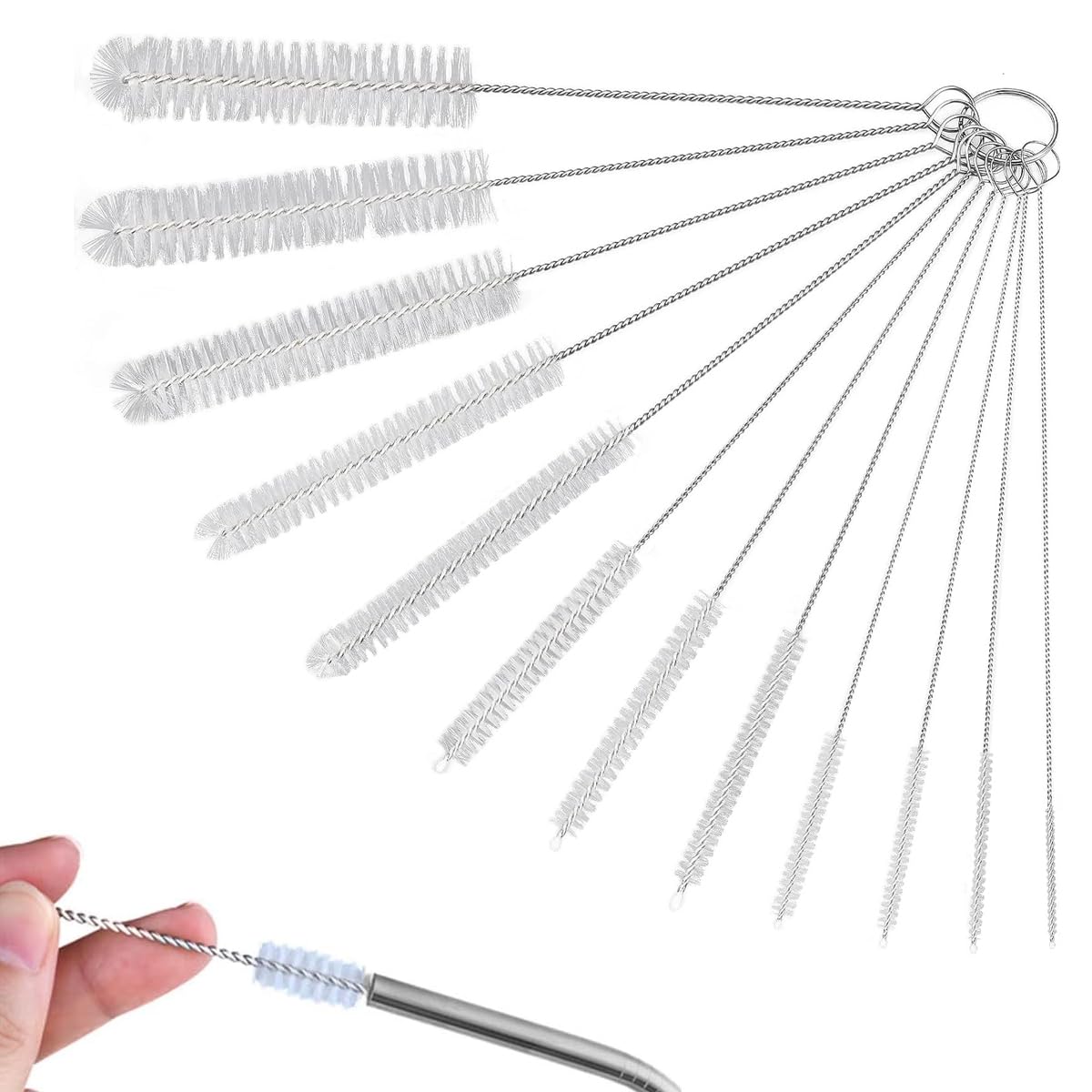 HASTHIP Straw Cleaner Brushes for Sippy Cup and Bottle Cleaning 12pcs 8 Inch with Fine Tip | Stainless Steel and Nylon