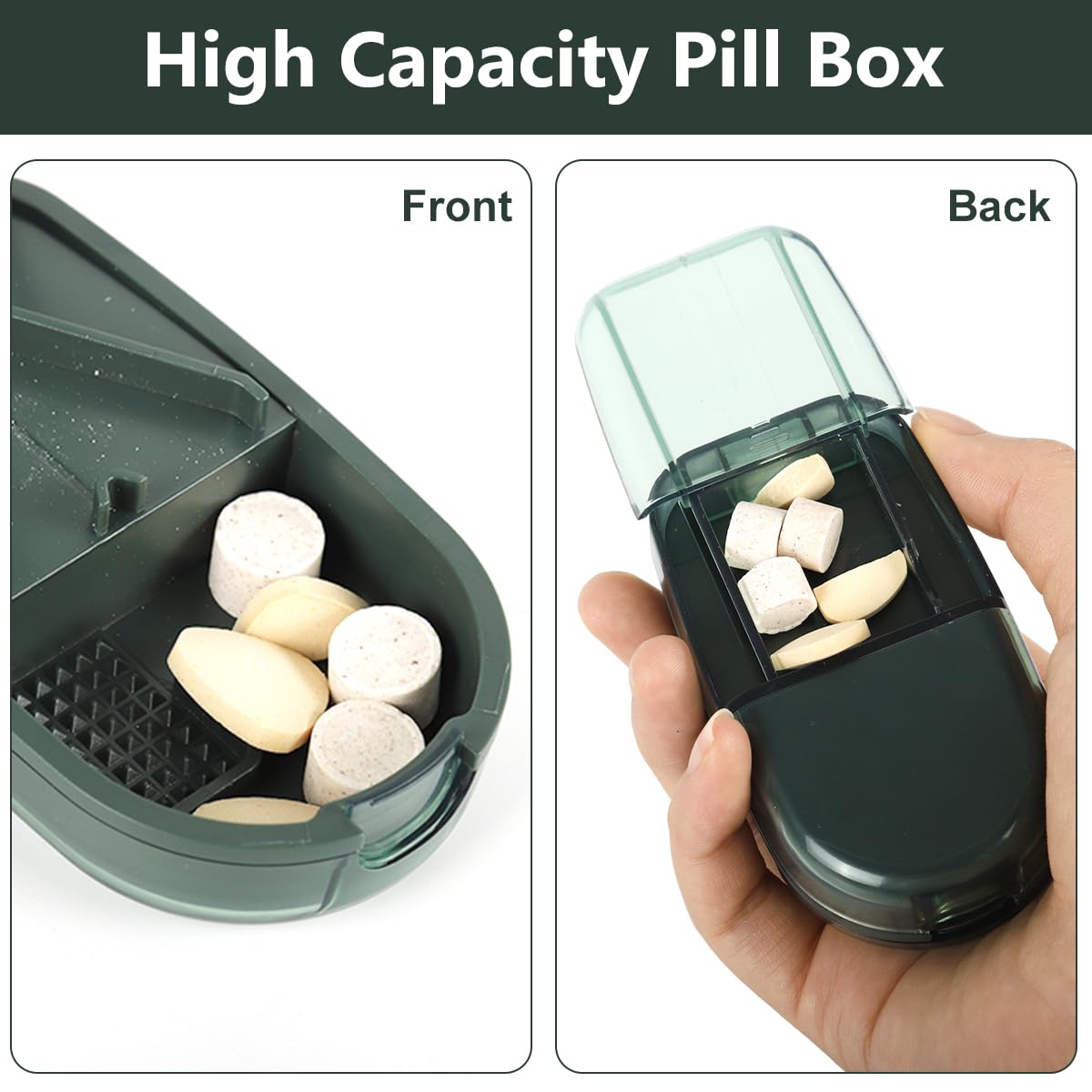 HANNEA Pill Cutter Splitter for Small Tablets with V Shaped Groove and Safety Blade Guard | Green Portable Pill Storage 0.08–0.8 in