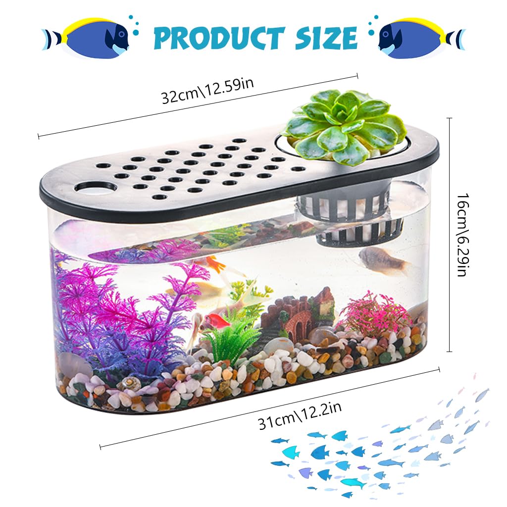 Qpets Betta Fish Tank for Home and Office Decor featuring Hydroponic Pot and Air Lid 32cmX16cm