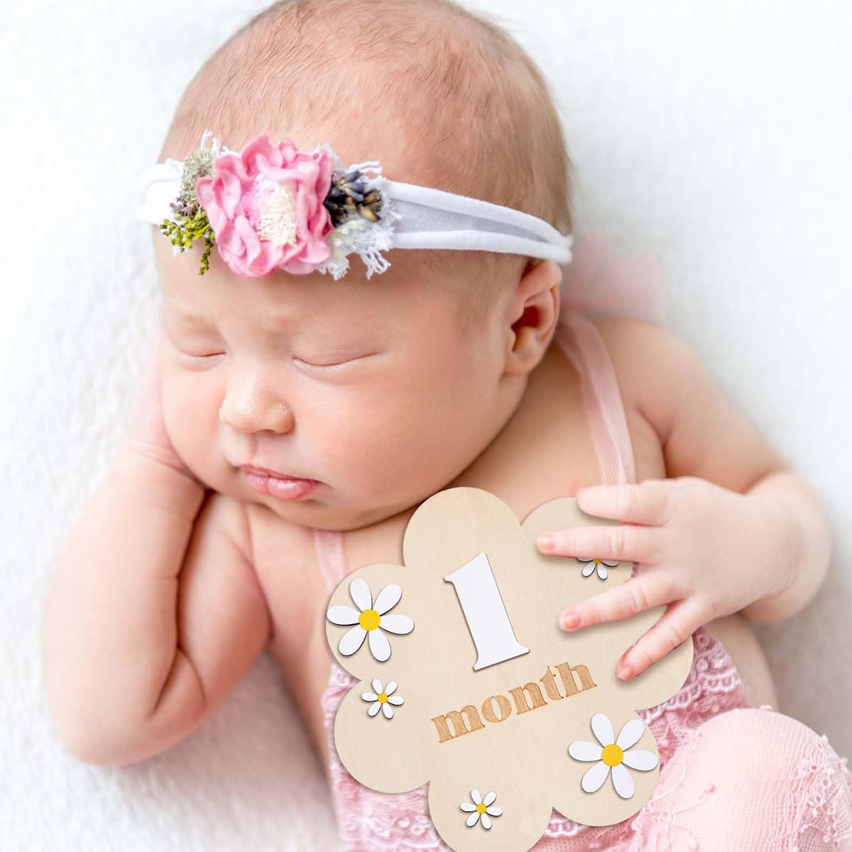 SNOWIE SOFT Floral Wooden Monthly Milestone Board for Newborn Photos with 0–9 Plates | White Nursery Prop