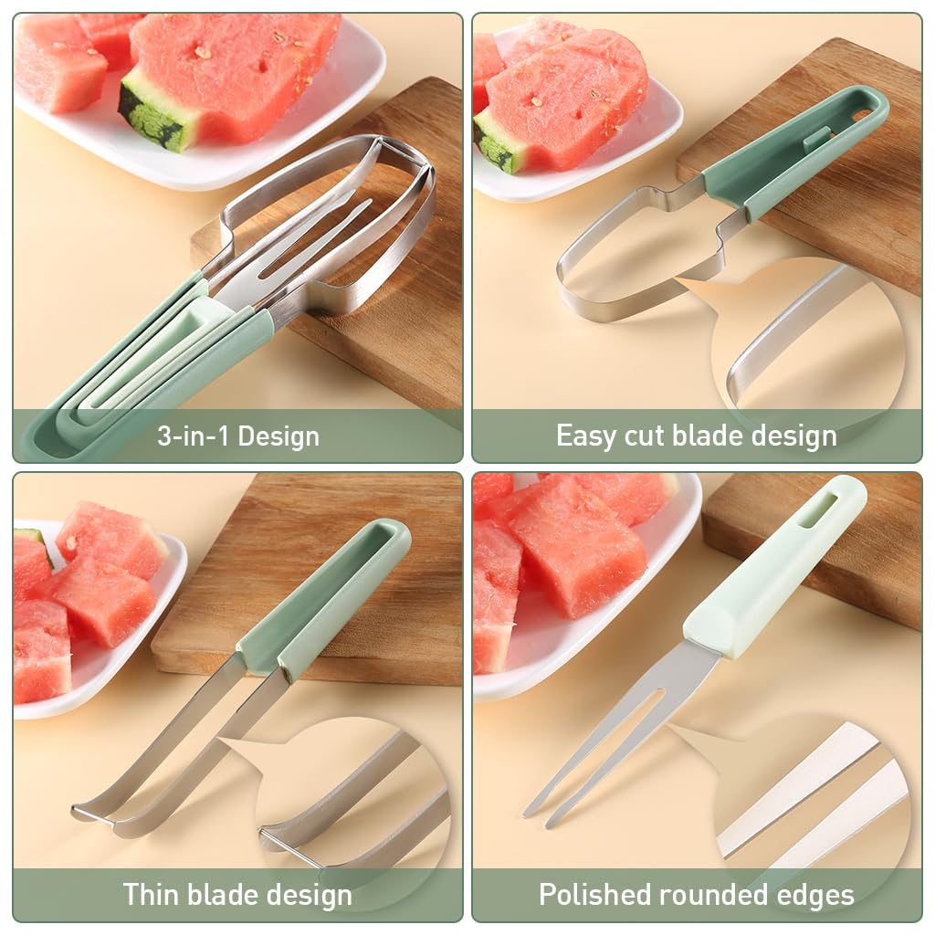 Supvox® 3-in-1 Watermelon Fork Slicer Cutter, Stainless Steel Watermelon Popsicle Cutter Watermelon Cutter Slicer Tool Melon Cutter Knife Portability Fruit Fork for Camping Kitchen Gadgets