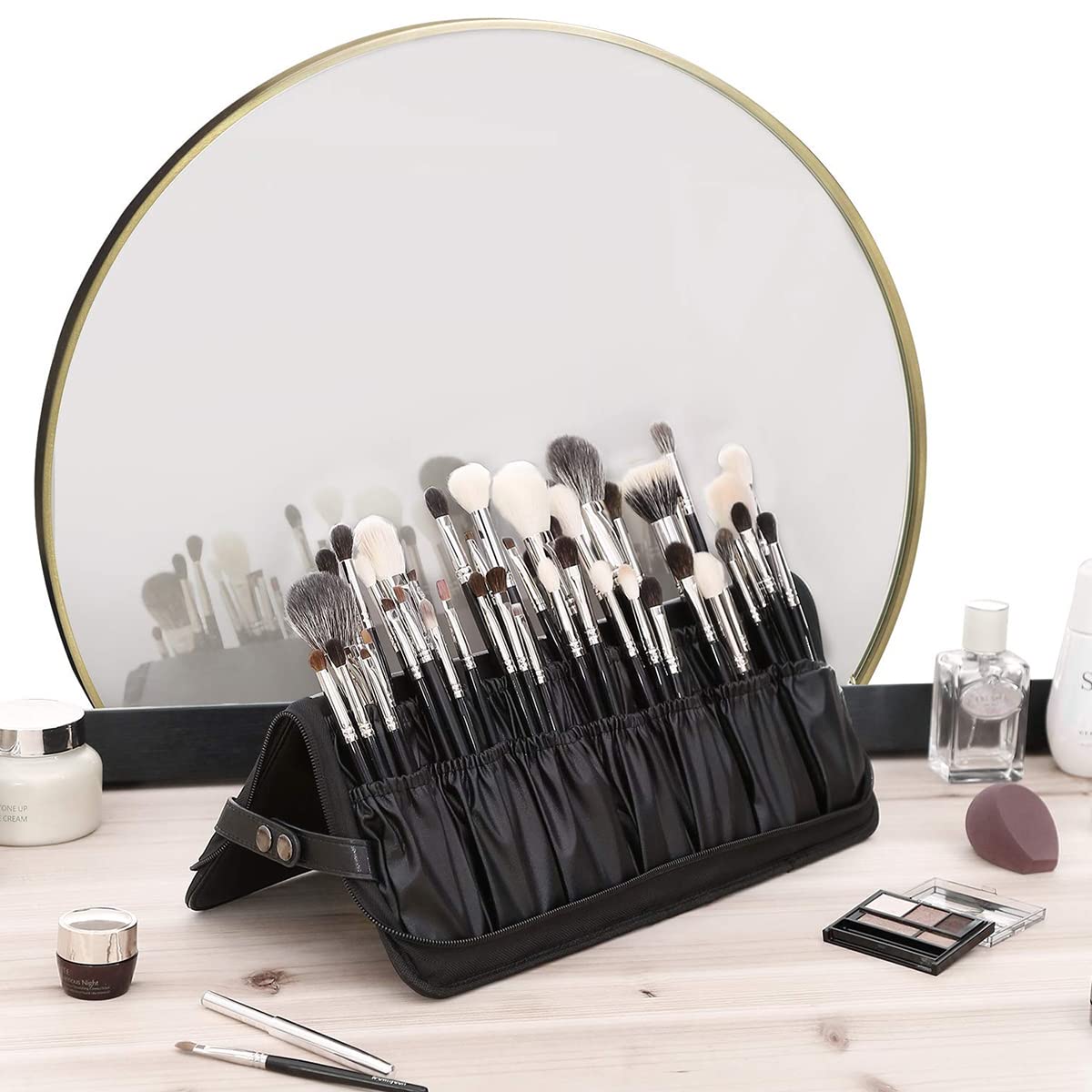 MAYCREATE® Makeup Brush Holder Bag Portable Travel Makeup Organizer Bag Foldable Zipper Cosmetic Makeup Brush Pouch Storage Case with 29 Elastic Pockets