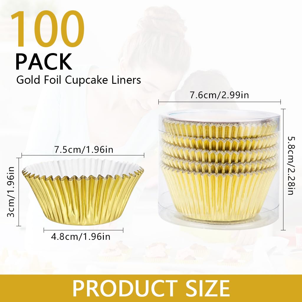 Supvox® 100Pcs Mini Foil Baking Cups, Cupcake Liners 4.8cm Base, Aluminum Foil Paper Muffin Liners, Perfect for Muffins, Chocolate & Festive Baking, Baking Cups for Party Wedding Festival (Gold)