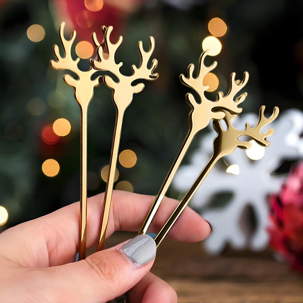 HASTHIP Christmas Spoon Set for Coffee and Dessert with Elk Antler Handles | 4-Piece Golden Stainless Steel Gift