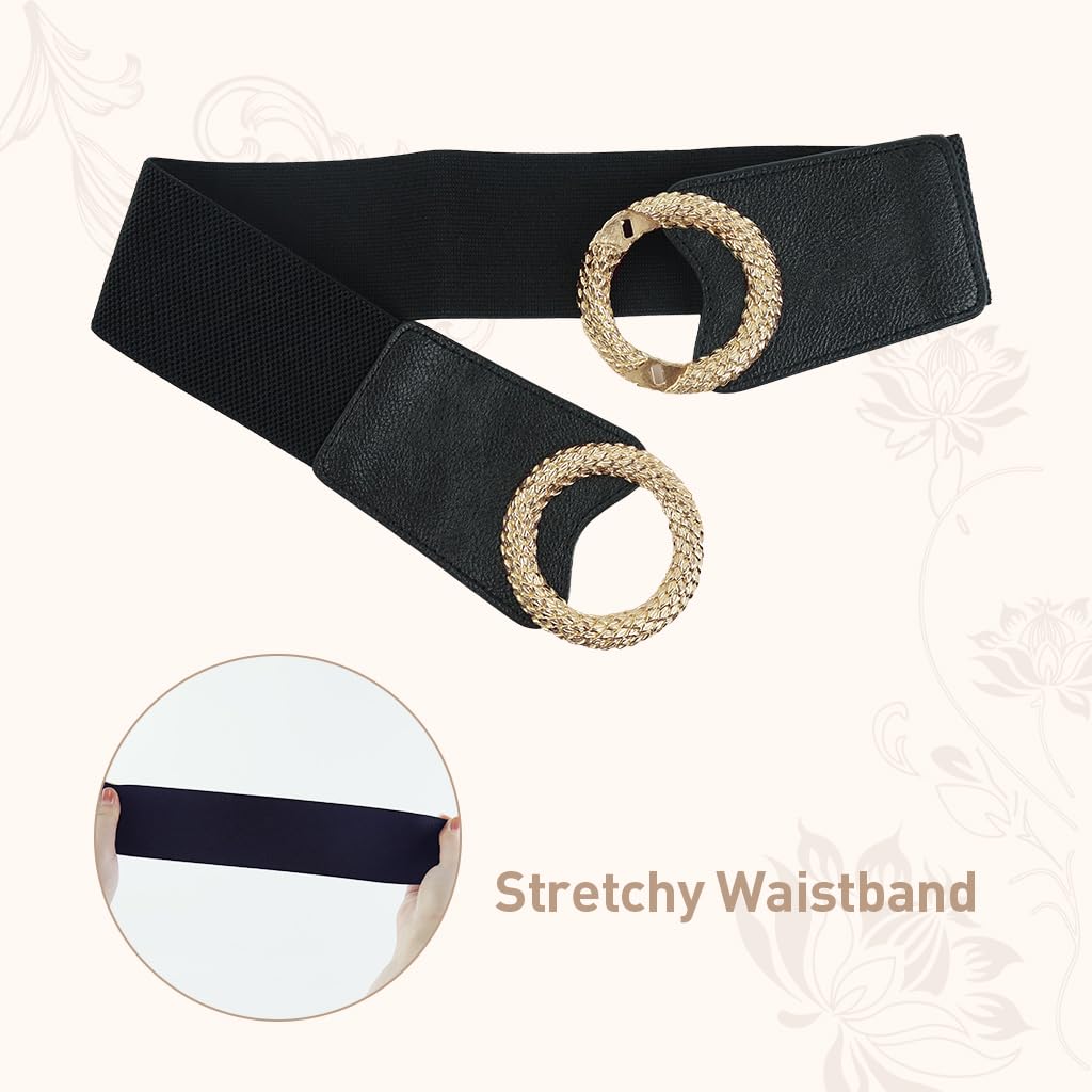 Zibuyu Belt for Women with Golden Crossing Metal Ring Buckle in Black PU Leather | Elastic Waist Accessory for Dresses and Blazers