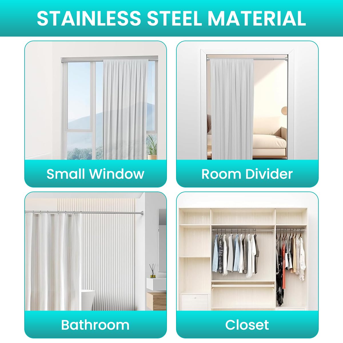 Supvox Retractable Curtain Rod for Windows and Wardrobes featuring No Drill Tension Design 85Cm to 140Cm Stainless Steel
