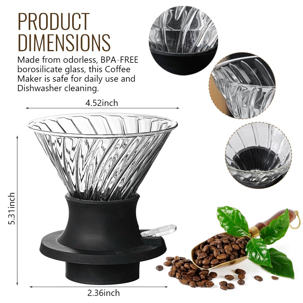 Supvox Coffee Dripper for 1–4 Cups with V60 Size 02 Cone and Silicone Stand | Borosilicate Glass