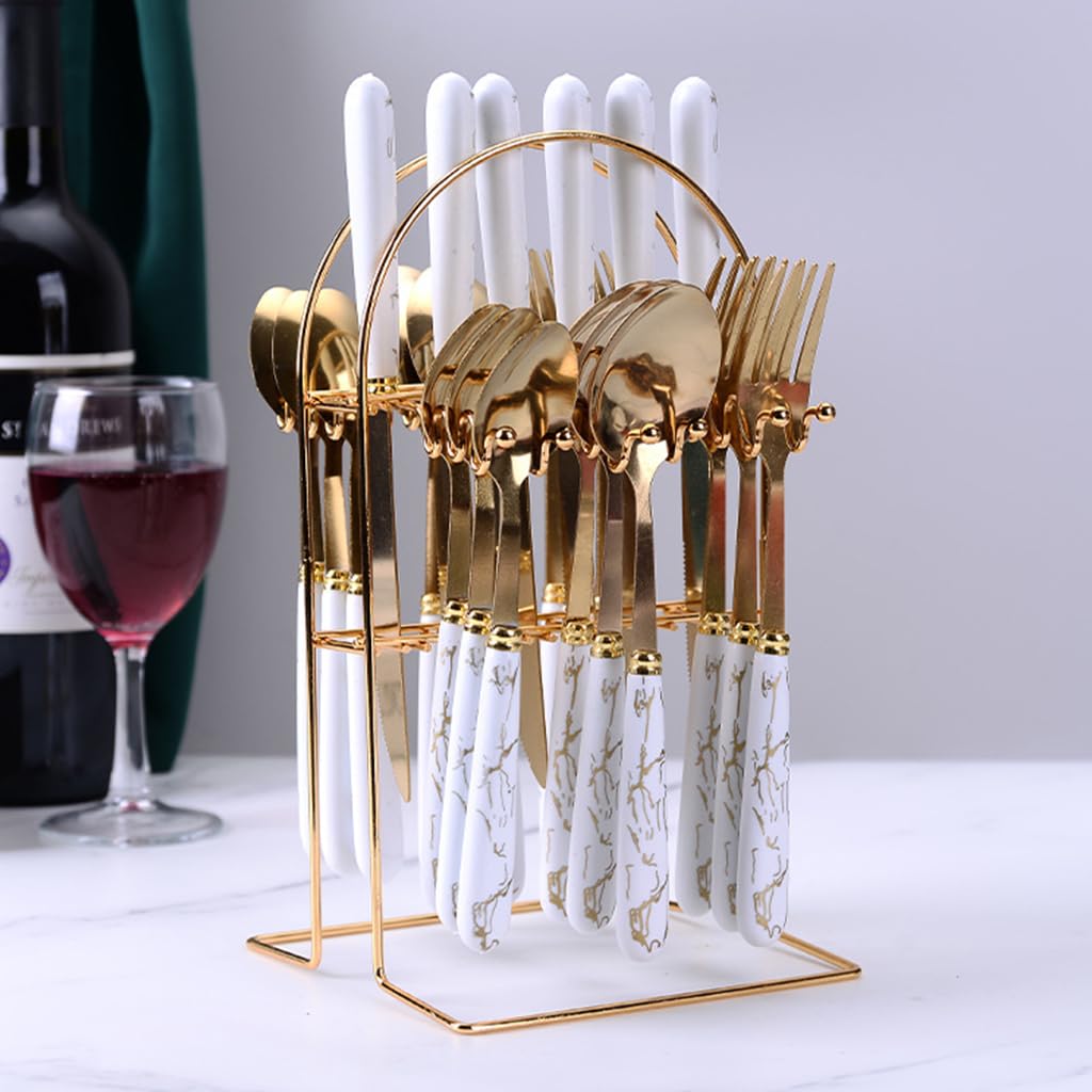 ZIBUYU® 24Pcs Cutlery Gift Set with Forks, Cutters, Spoons, Tea Spoons Golden Stainless Steel Cutleries with Cracked Pattern Handle Kitchen Cutlery Set for Festivals, Party, House Warming Gift