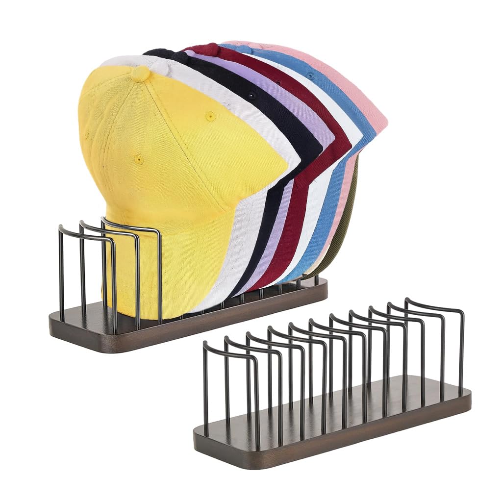 HASTHIP Hat Organizer for Desk and Shelf Display with 10 Slots and Wooden Base | 26.5x10x10cm Metal Wire Cap Holder