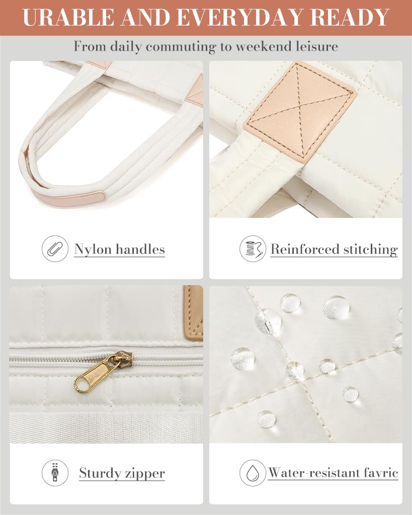 PALAY Tote Bag for Women with 15.6 in Laptop Compartment featuring Removable Strap | White Quilted Style