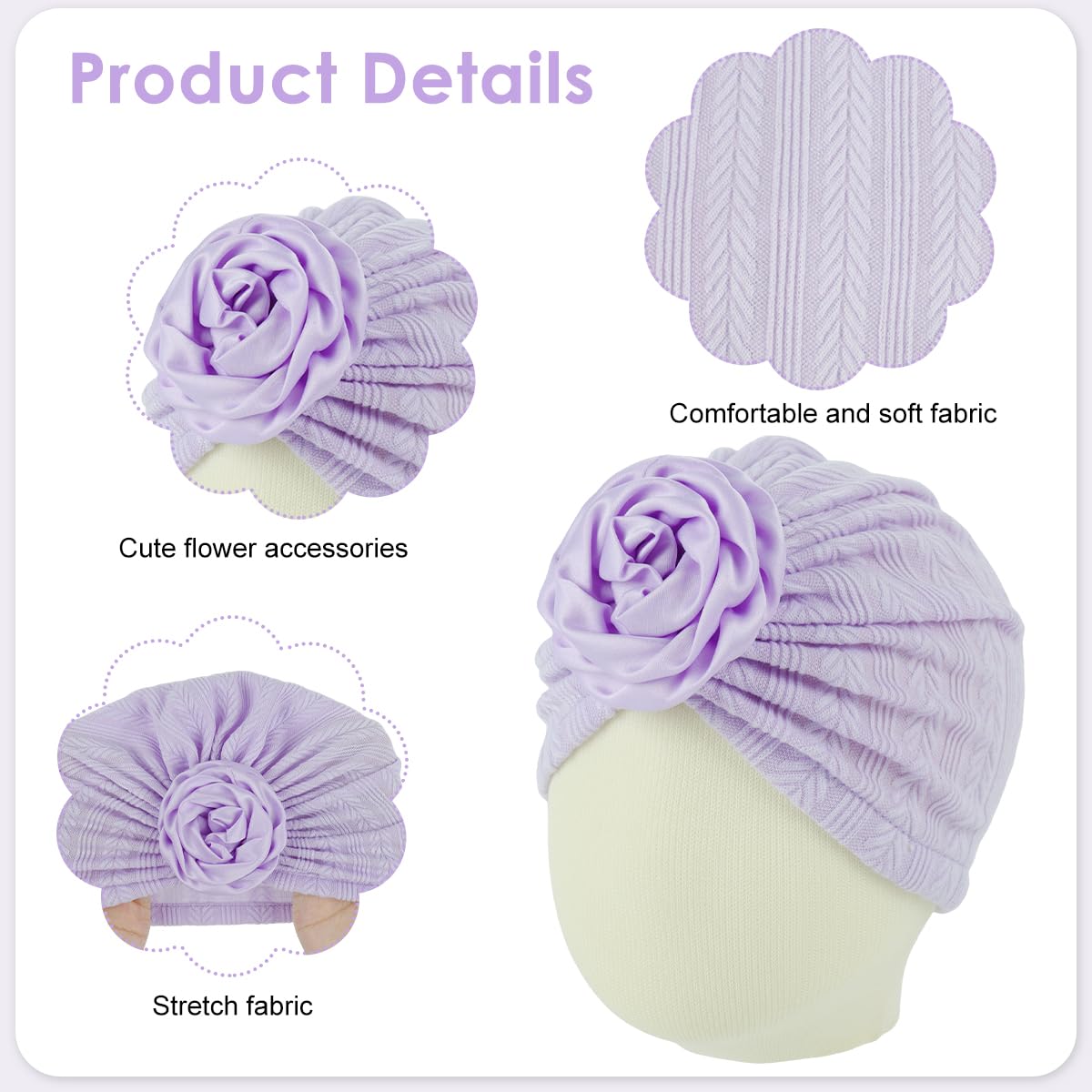 SNOWIE SOFT Baby Caps for Girls 0–24 Months with Flower Charm | 3Pcs Soft Knitted Beanie Set